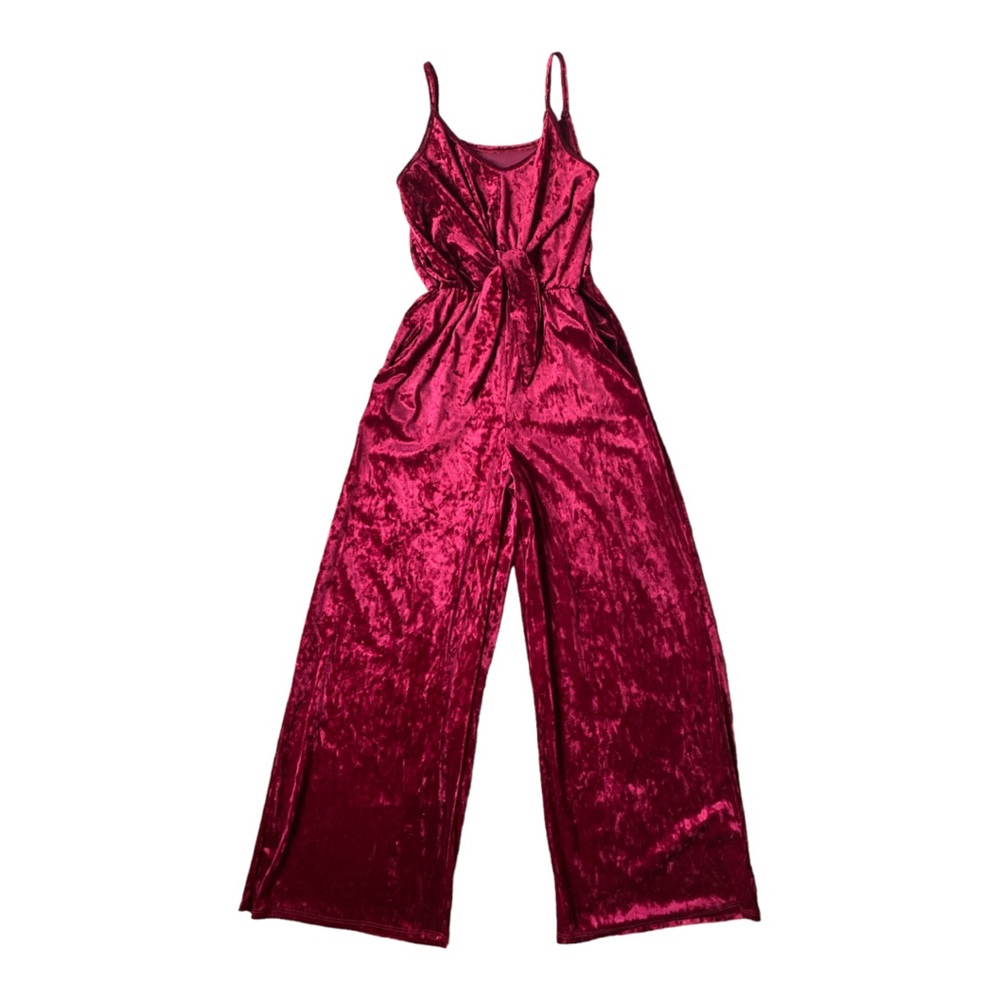 Women’s cranberry, velvet jumper with elastic waist, tie and side pockets size S